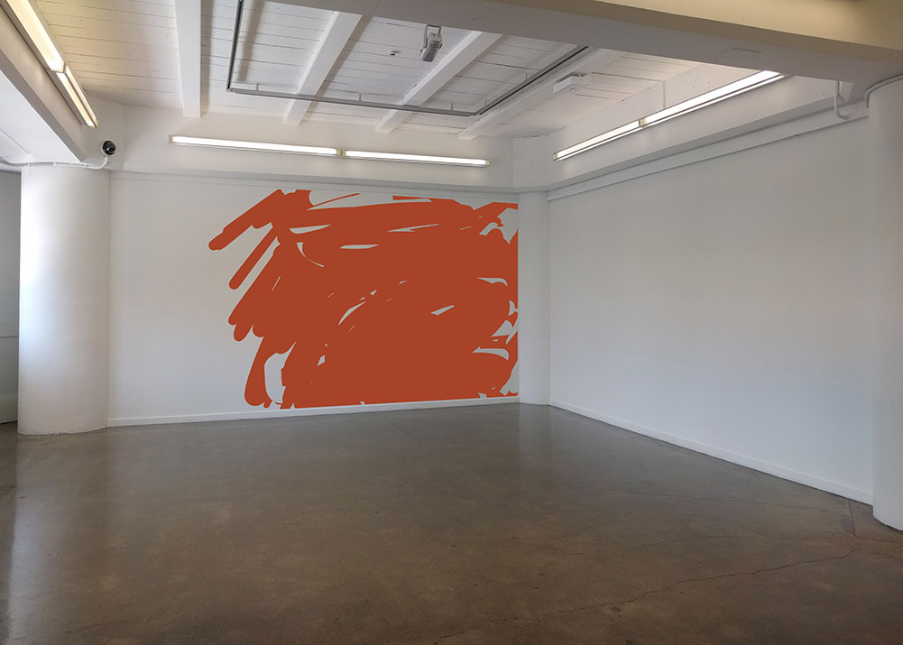 Orange wall work on end wall - mock up